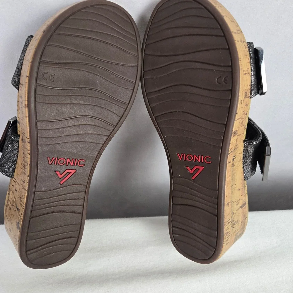 Vionic Pepper Foil Black Metallic Cork Wedge Platform Slide Sandals Womens 8